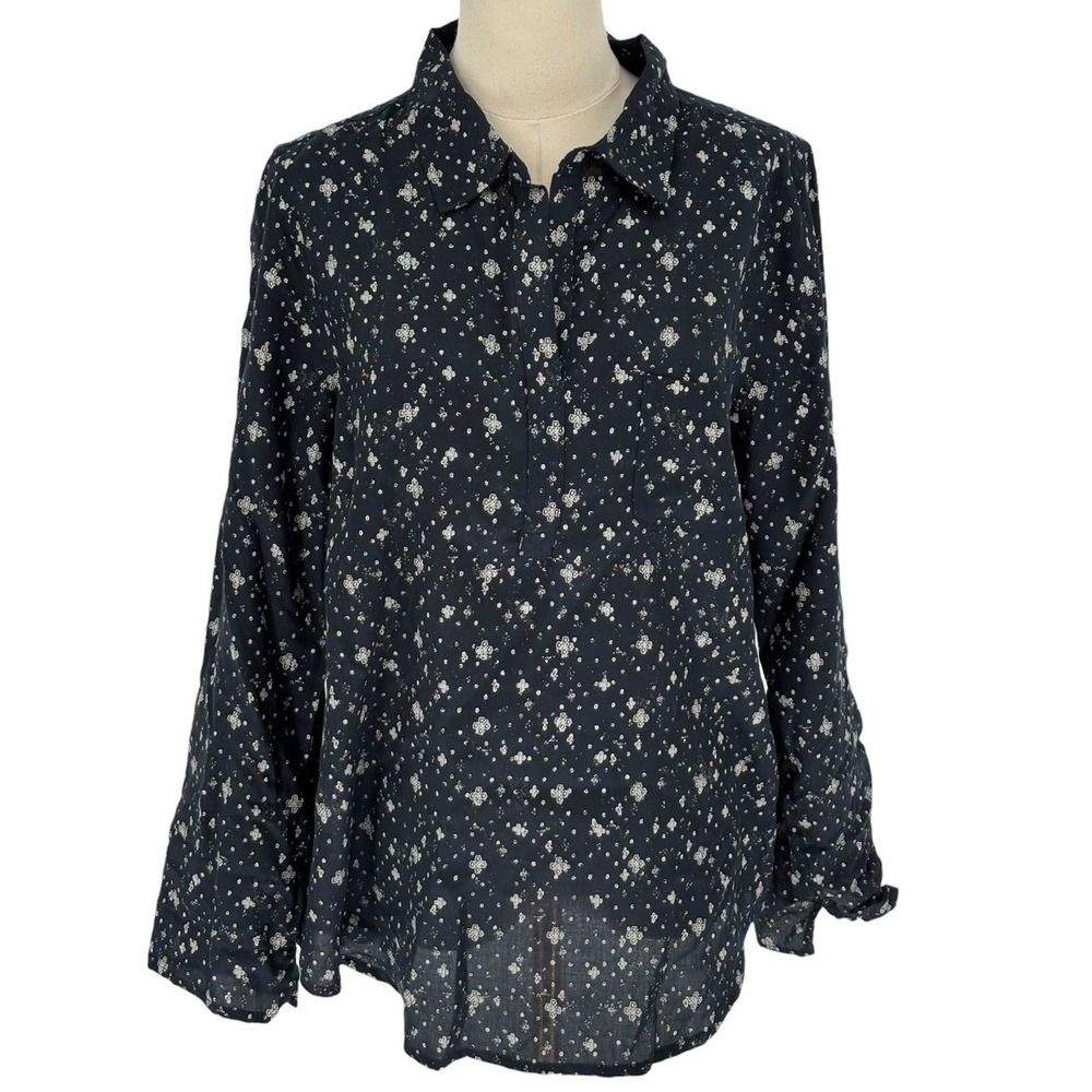 Aventura Button Down Shirt Navy Blue Floral Print Eco Tencel Long‎ Sleeve Medium
